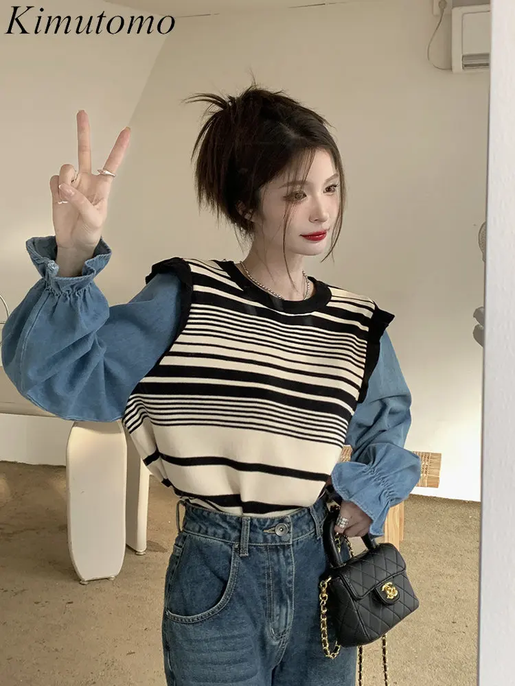 

Kimutomo милый свободный джинсовый пуловер с рукавами-бутонами Женский Нежный пуловер с круглым вырезом в полоску контрастный универсальный т...