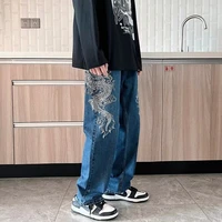 blue embroidered jeans mens fashion blue casual baggy jeans men streetwear hip hop loose straight denim pants mens trousers