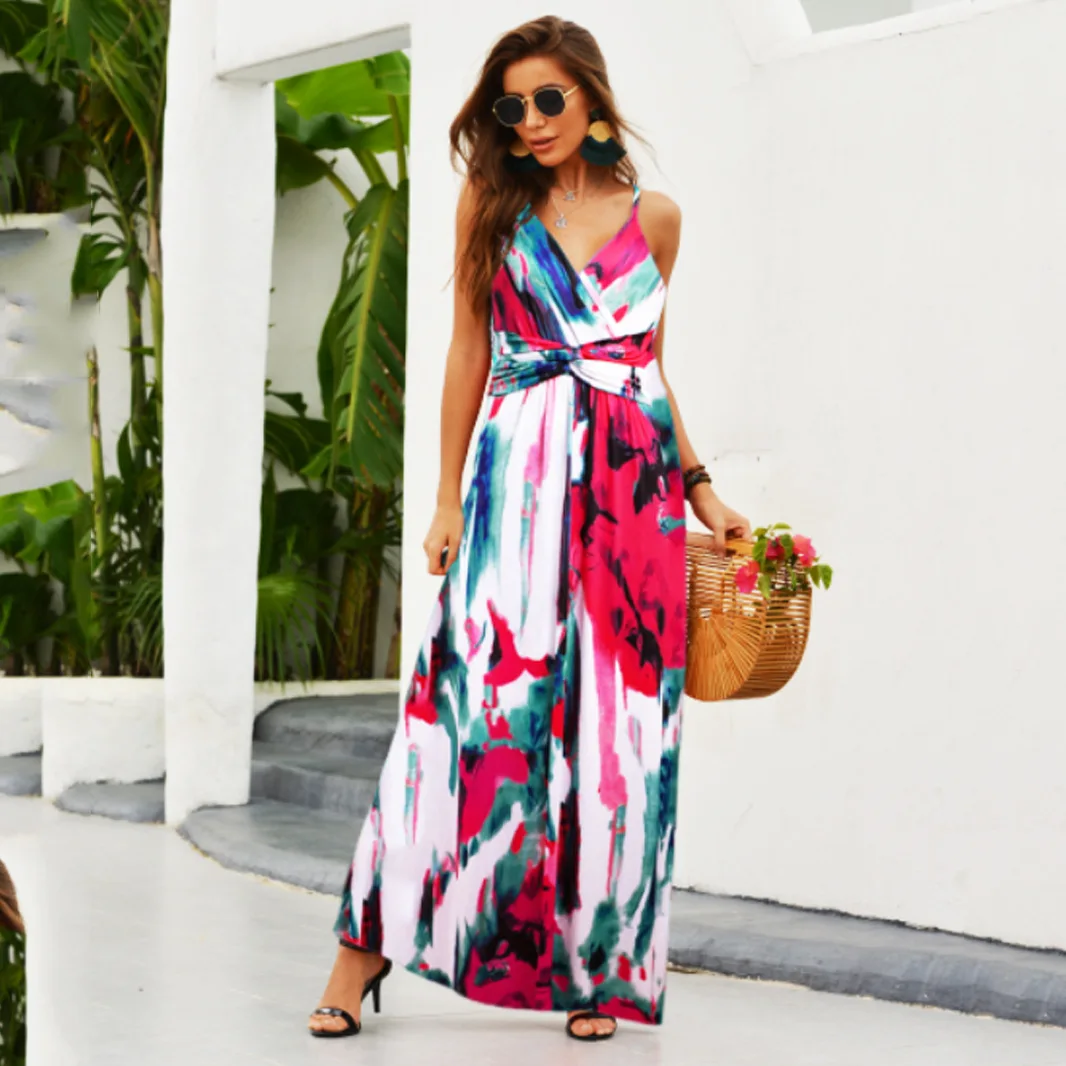 

Summer Dress Women Sleeveless Suspender Fashion Print V-neck Elegant Women's Clothing Long Dresses Leisure Commute Maxi Dress