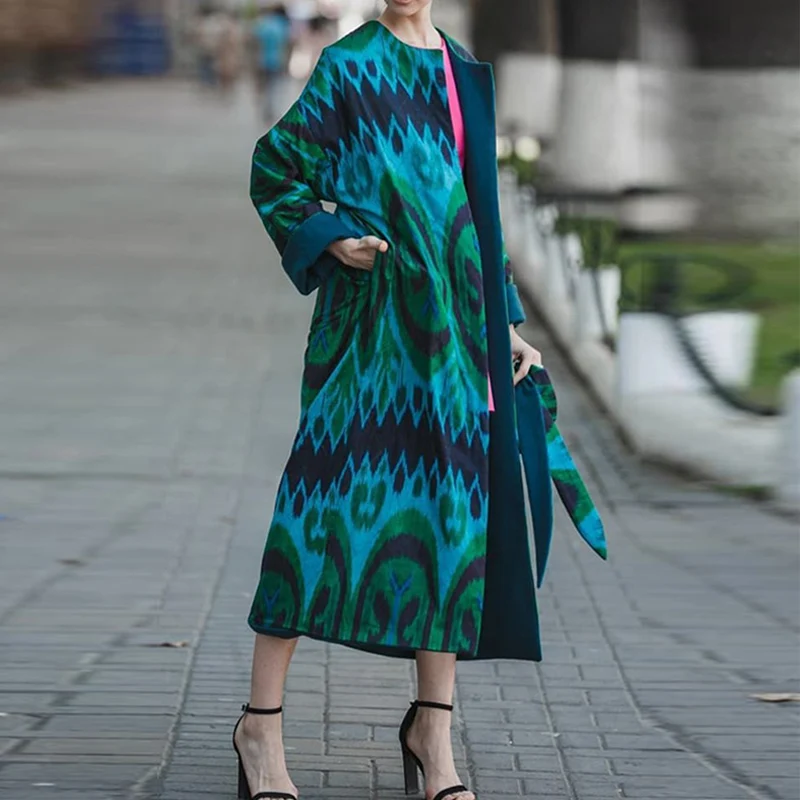 

Fashion Lady O Neck Long Sleeve Straight Jacket Winter Casual Stitching Warm Outwear Elegant Print Lining Reversible Woolen Coat
