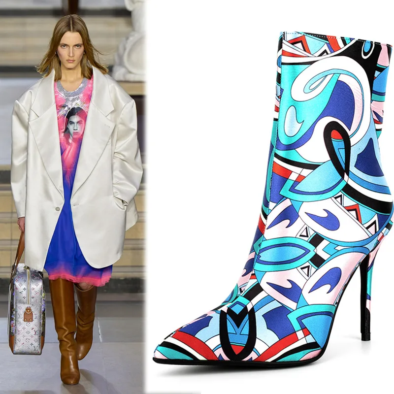 

Pointed Toe High-Heeled Fashion Contrast Satin High-Top Boots Stiletto Side Zipper Shoes Heel 10-12Cm Size 35-45 Nightclub Show