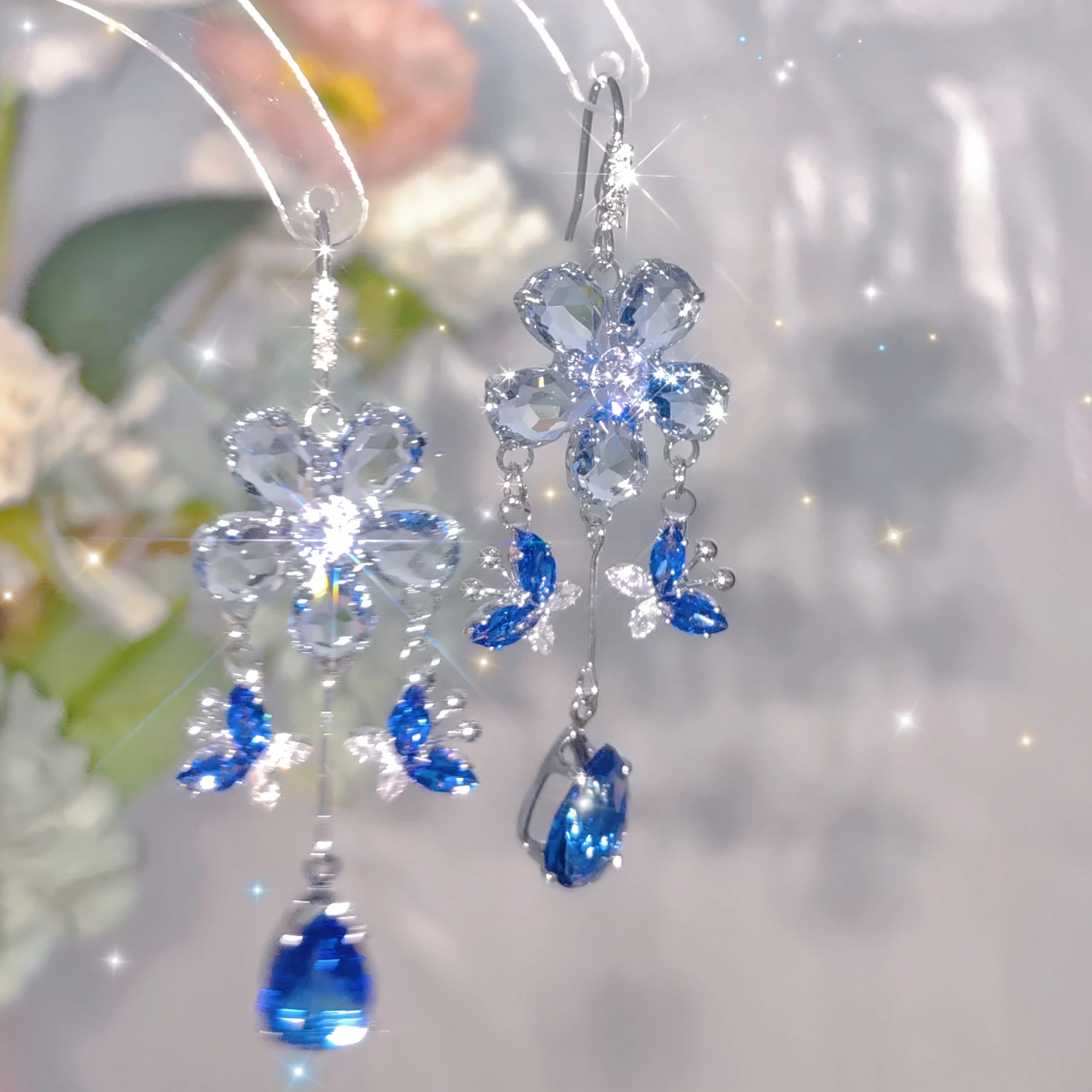 [Туманное лето] Серьги с кисточками из циркония и синего цвета проникновением