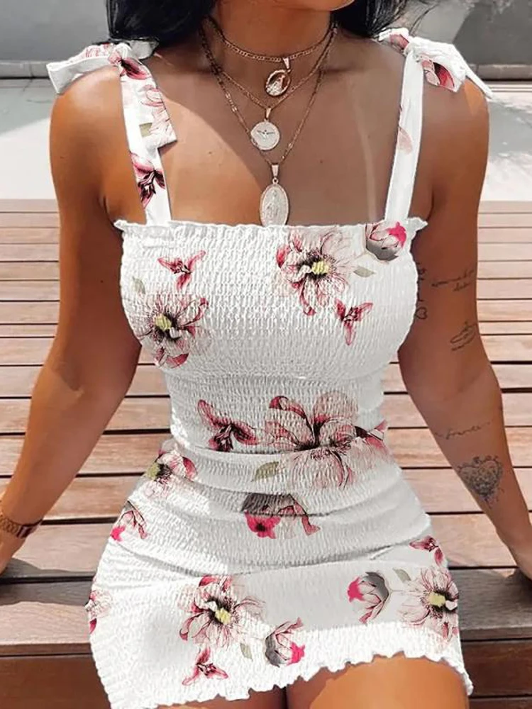 Sexy Boho Woman Dress Nice Summer Fashion Casual Bodycon Spaghetti Strap  White Print Beach Party Dresses For Women Robe Femme