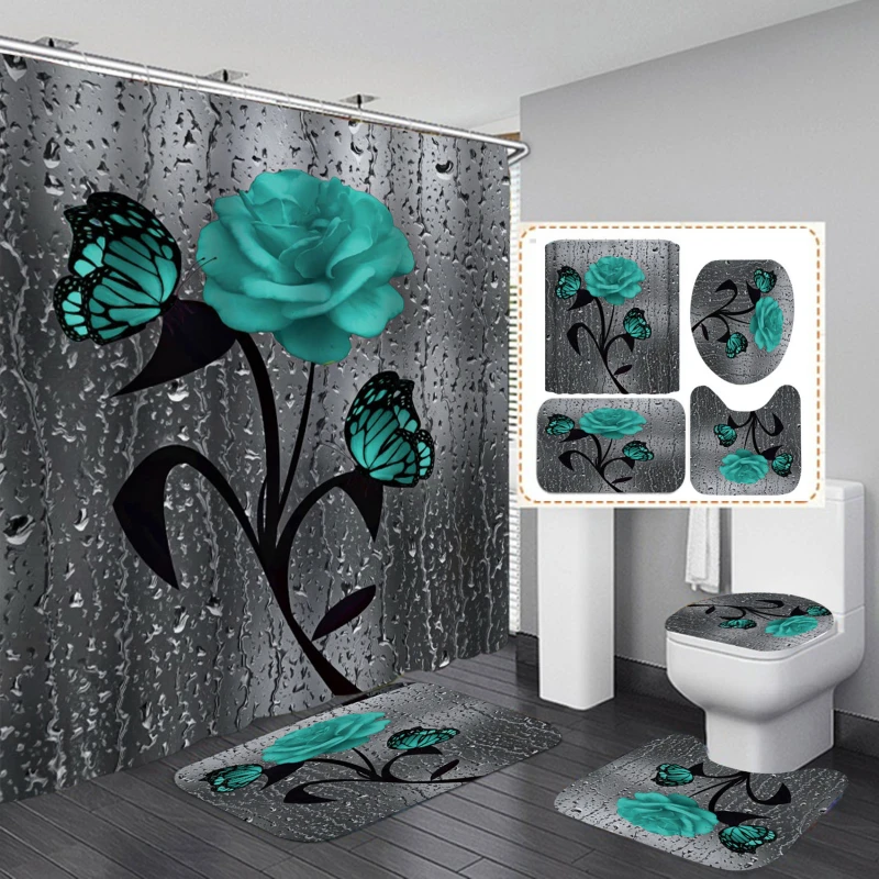 

3D Flower Fabric Waterproof Shower Curtain Bathroom Curtains Set Blue Rose Non-Slip Rug Toilet Lid Cover And Bath Mat 1 Set