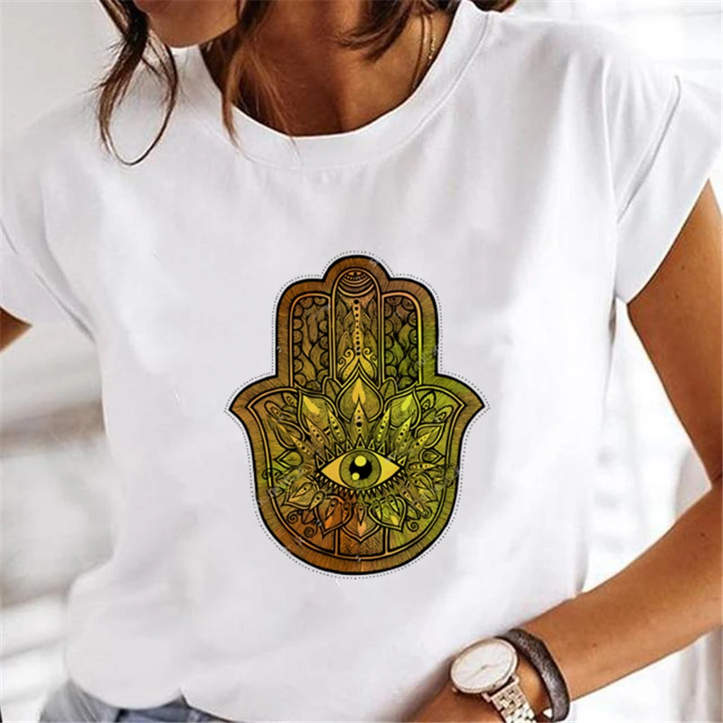 

Women's Short-sleeved Simple And Versatile Hamsa Hand Of Fatima Amulet Casual Trend 90's T-shirt Printed Pattern White Loose T-s
