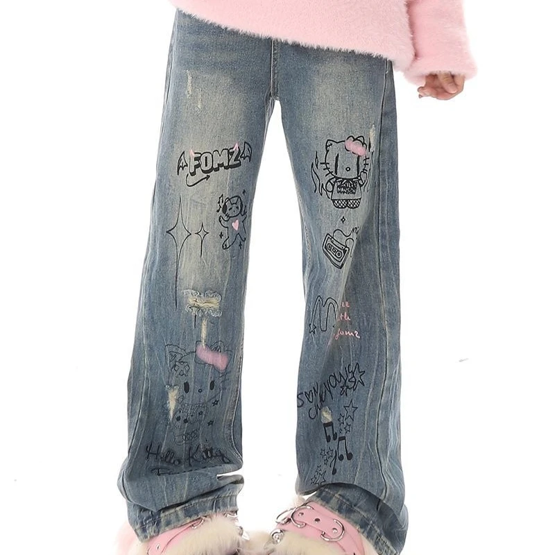 Джинсы с принтом Hello Kitty Kuromi для школьниц граффити американский прямой дизайн