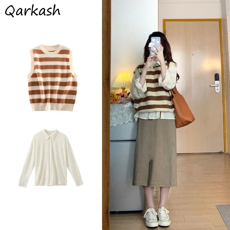 

Sets Women Soft Temperament Spring Autumn Striped Vest Simple Shirt and Midi Preppy New Skirts Korean Style 3 Pieces Outfits Ins