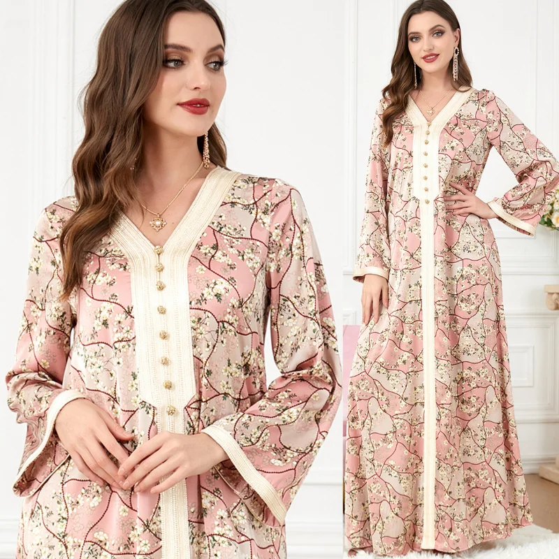 Elegant Casual Women's Dresses Abayas For Women Muslim Sets Floral Embroidery Guipure Lace Insert Belted Kaftan