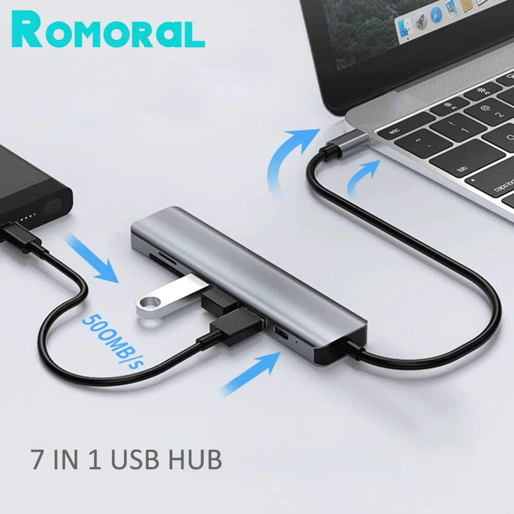 

7 in 1 USB C Hub for MacBook M1 Air Pro USB 3.0 Adapter HDMI-Compatible 4K TF SD Card Reader 87W PD Charge MacBook Accessories