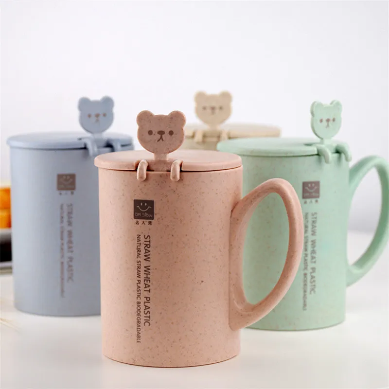 

1pcs Creative Wheat Straw Leisure with Lid Water Cup Cartoon Bear Spoon Student Office Home Coffee Milk Tea Cup