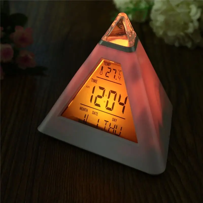 

Creative Fashion Pyramid Digital Clock Temperature Clock 7 Colors LED Change Backlight LED Alarm Clock Time Date Display