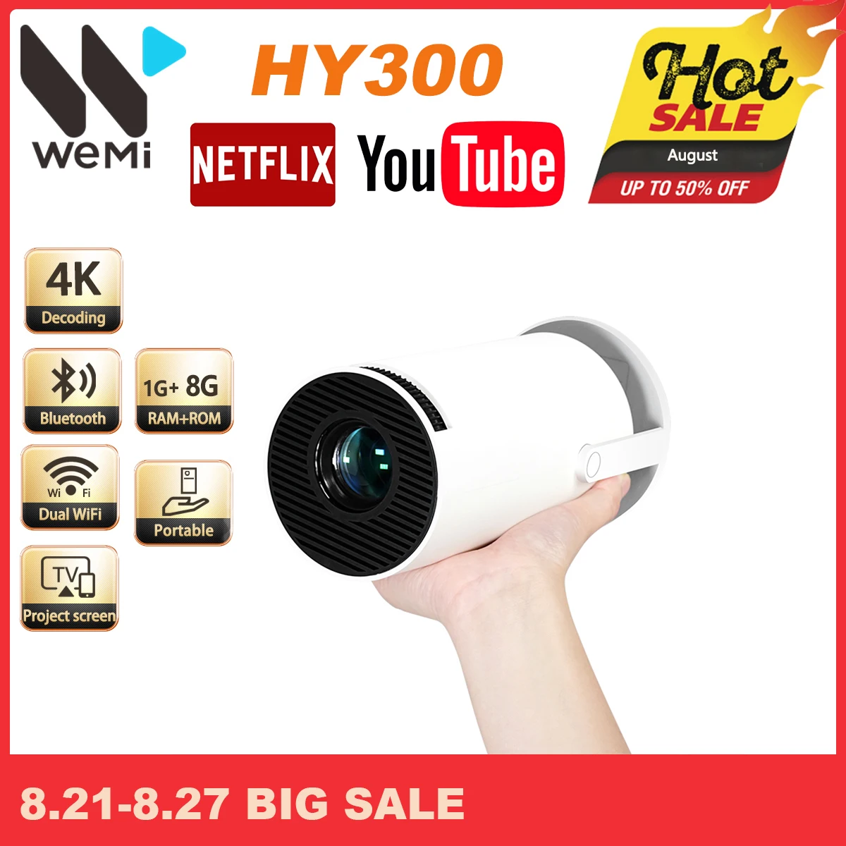 Мини-проектор WEMI HY300, 4K, Android 11,0, 1080P, 720 P, 200ANSI, Wi-Fi, BT5.0