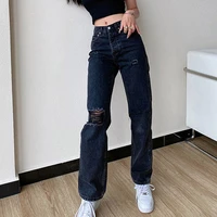 dark blue female mid waist mom ripped jeans 2021 new women jeans y2k casual straight trousers washed bleached hole denim pants