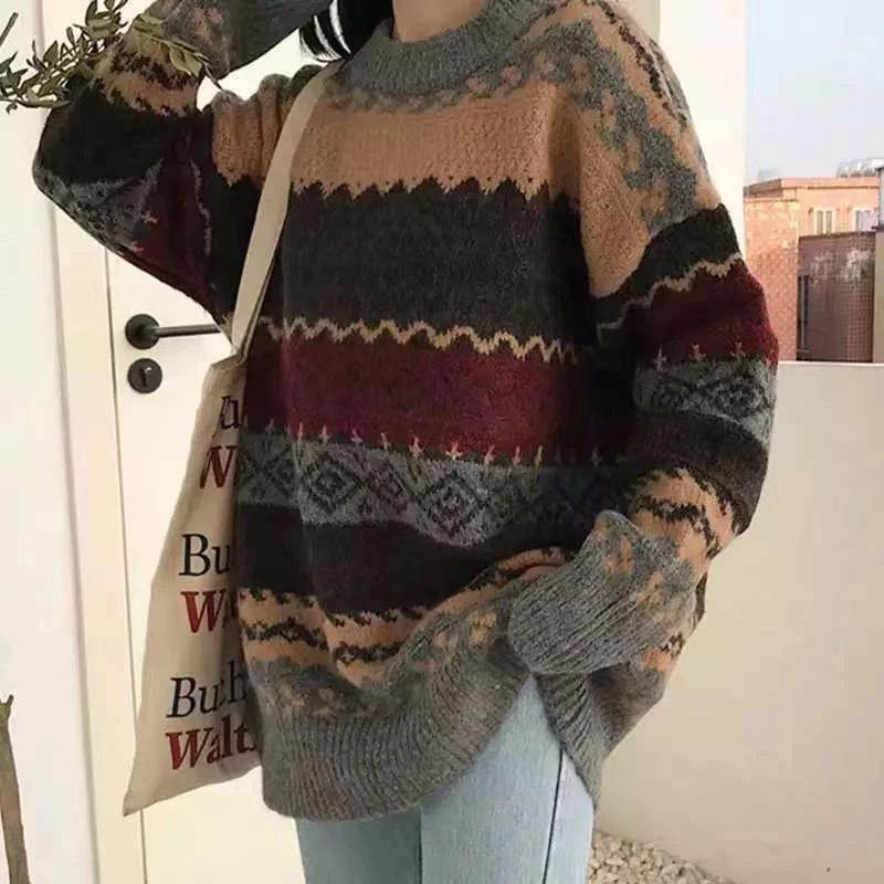 

JMPRS Pullover Women Sweater Vintage Loose Casual Geometric Retro Lazy Female Harajuku Korean Style Knit Jumper Ulzzang Chic Top