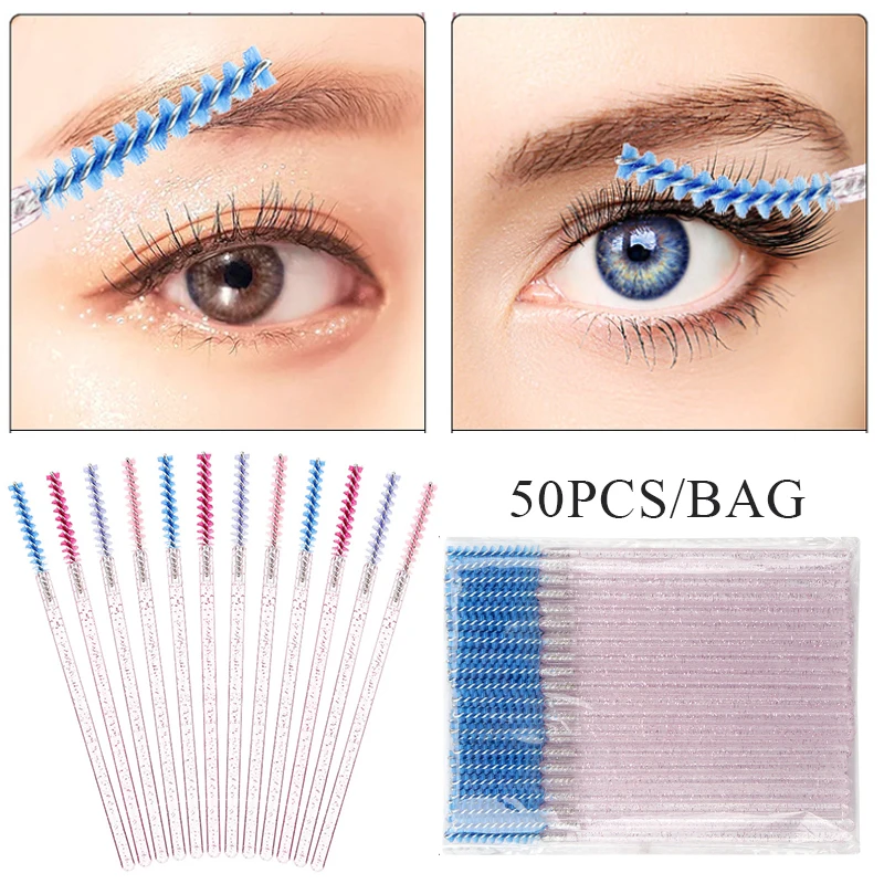 

50Pcs Disposable Crystal Eyebrow Brush Clear Diamond Handle Eyelash Brushes Mascara Applicator Applicator Lashes Extension Tool
