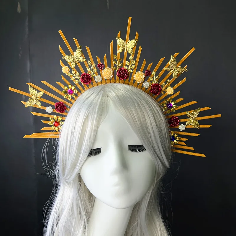 

Женская повязка на голову для косплея, Золотая пластиковая головная повязка Sunburst с шипами, головной убор с золотым ореолом, головной убор дл...