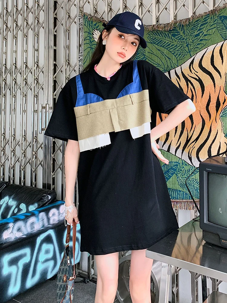 

Patchwork Contrast Color Round Collar Short Sleeve Loose Waist Mini Dress For Women Female New Fashion New Dresses G677