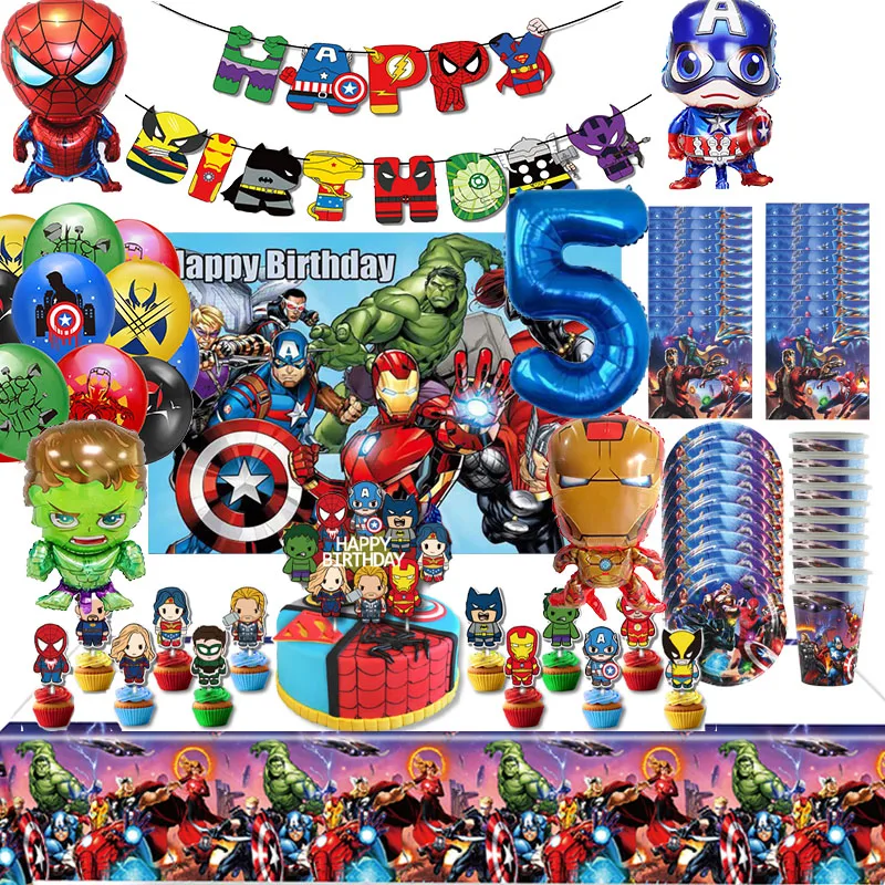 

The Avengers Balloon Superhero Birthday Party Decoration Spiderman Hulk Iron Man Baby Shower Tableware Banner Backdrop