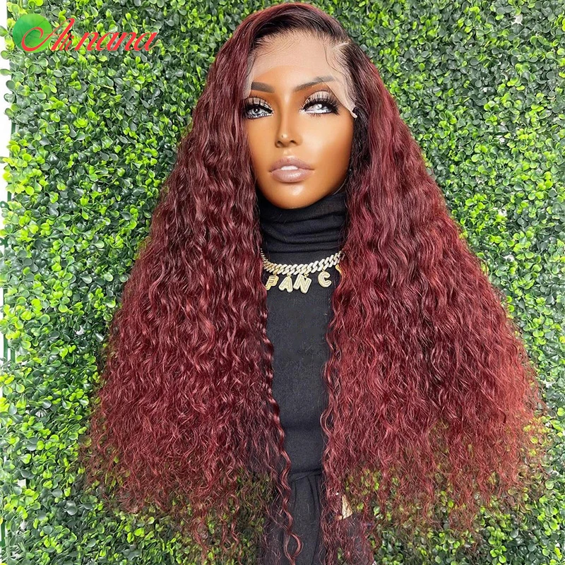 13X4 Kinky Curly Forntal Wigs 99 Cherry Red Lace Front Wig Transparent Lace Front Human Hair Wigs 5X5 Lace Closure Wig 30 Inches