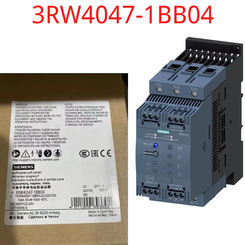 

3RW4047-1BB04 Brand New SIRIUS soft starter S3 106 A, 55 kW/400 V, 40 °C 200-480 V AC, 24 V AC/DC Screw terminals