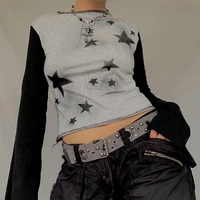 harajuku vintage star print crop top women patchwork t shirt full sleeve pullovers grunge aesthetic gothic tees y2k streetwear