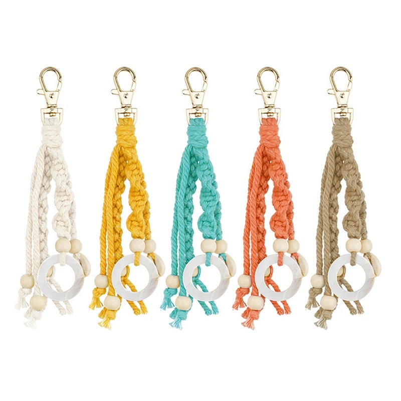 

5 Pieces Boho Macrame Key Chains With Wood Bead And Seashells, Handmade Accessories Keychain For Purse Keys