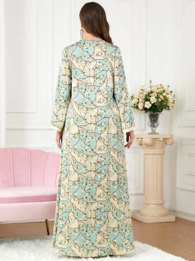 Floral Abaya for Women Printed Satin Ramadan Muslim Long Dresses Moroccan Kaftan Gulf Jalabiya Islam Dubai Turkish Modest Dress
