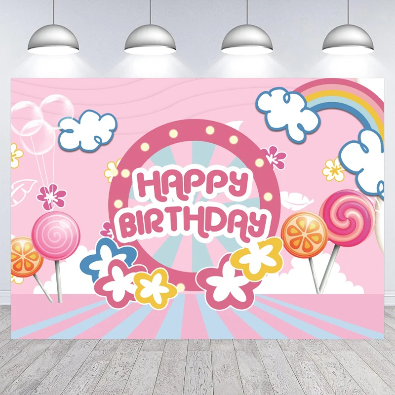 

Happy Birthday Pink Theme Candy Rainbow For Girls Kids Party Baby Shower Newborn Celebration Customized Supplies Banner Backdrop