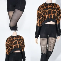 16 female soldier sexy trend mini leopard print top long sleeve round neck black splicing pantyhose for 12 inch action figure
