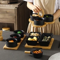 japanese cutlery household grid plate creative ceramic frosted black small bowl snack nut dried fruit compartment snack plate