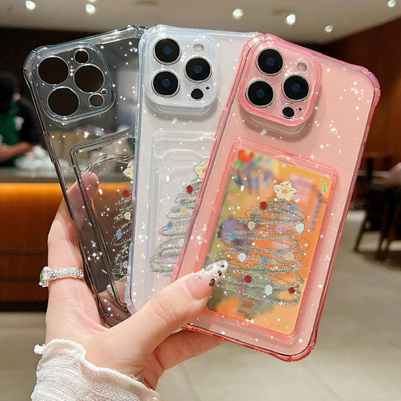 Фото Чехол для iPhone 16 Pro Max с роскошным принтом «Рождественская елка», прозрачный мягкий силиконовый чехол-держатель для карт для iPhone 15 14 13 Pro Max 12 11 №1