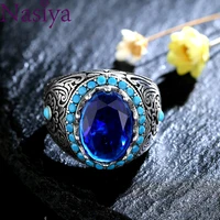 silver ring sapphire dark blue zircon stone ring gemstone fine jewelry male thai silver turkish for men women jewelry gifts