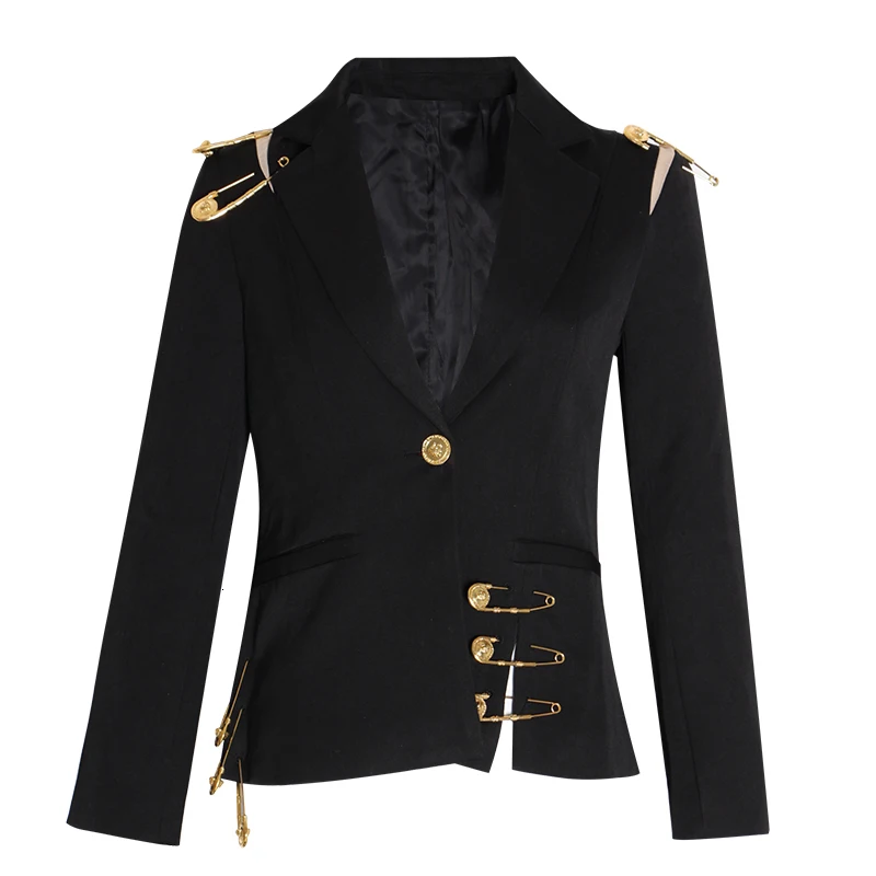 

Sexy Outfit Clothes Women 2023 Loose Fit Black Hollow Out Pin Spliced Blazer New Lapel Long Sleeve Women Coat Fashion Blaze