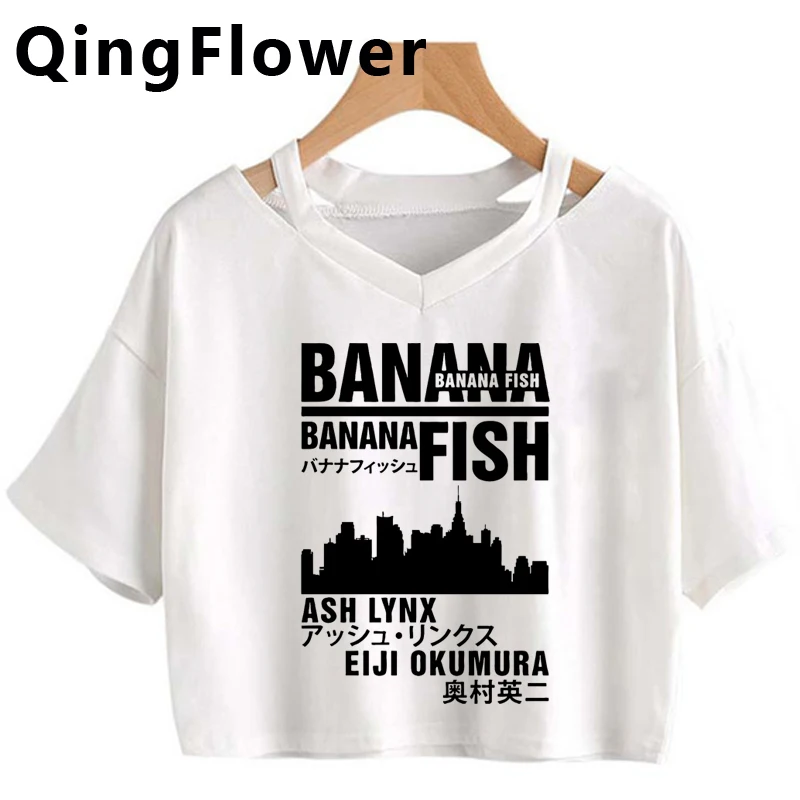 Футболка женская с забавным японским аниме принтом бананов и рыбок уличная
