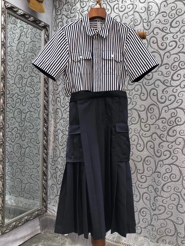 

2023 new women fashion short sleeve lapel hem color matching symmetrical pocket striped dress 0605