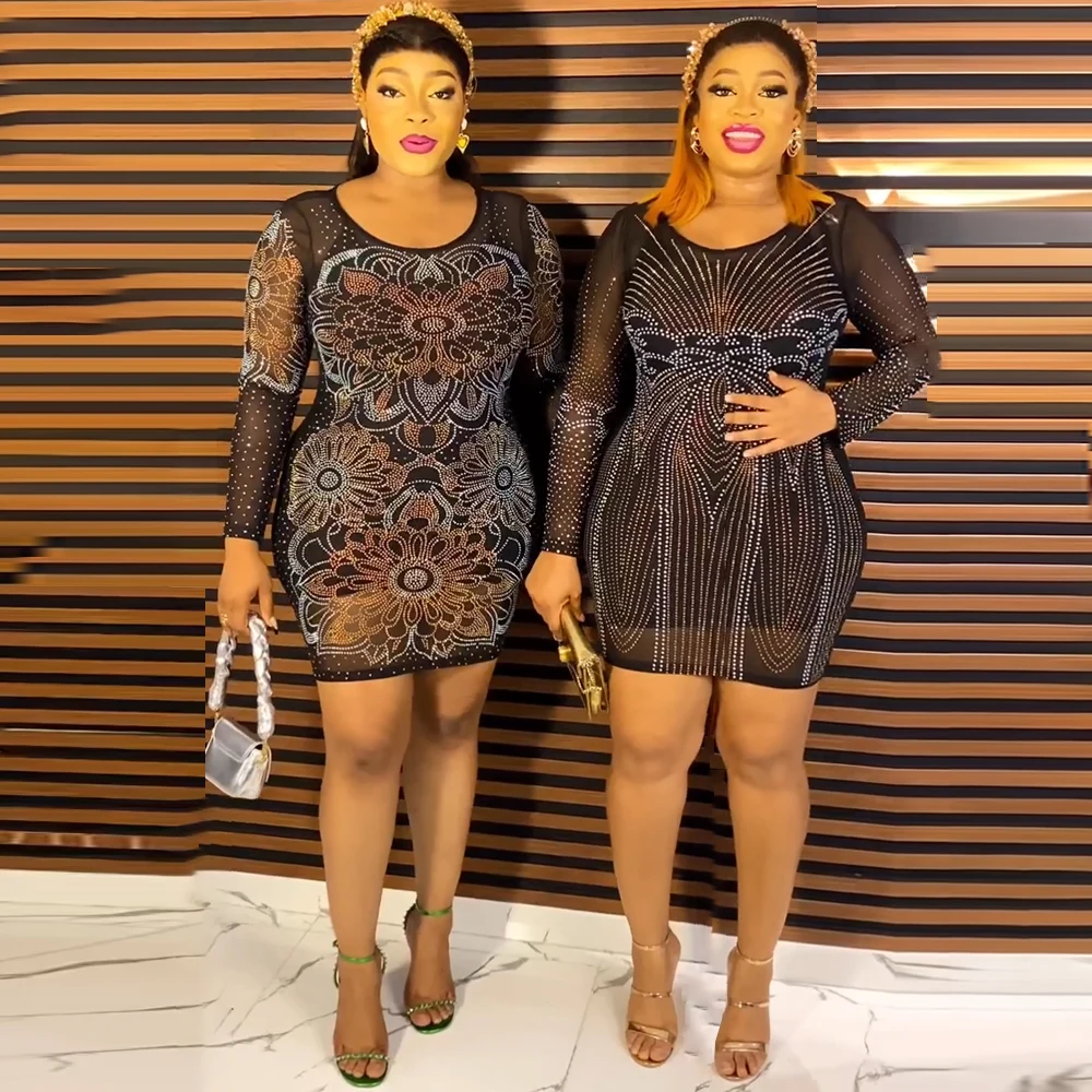 

African Women Sexy Evening Dresses Luxury Crystal Bodycon Dress Cosplay Costume Plus Size Two Piece Set 2023 Africa Clothing