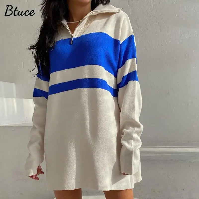 

Women Zipper Polo Neck Knitted Sweater Dress Female Fashion Interval Stripes Long Sleeve Mini Dress 2022 Autumn Knitted Dresses