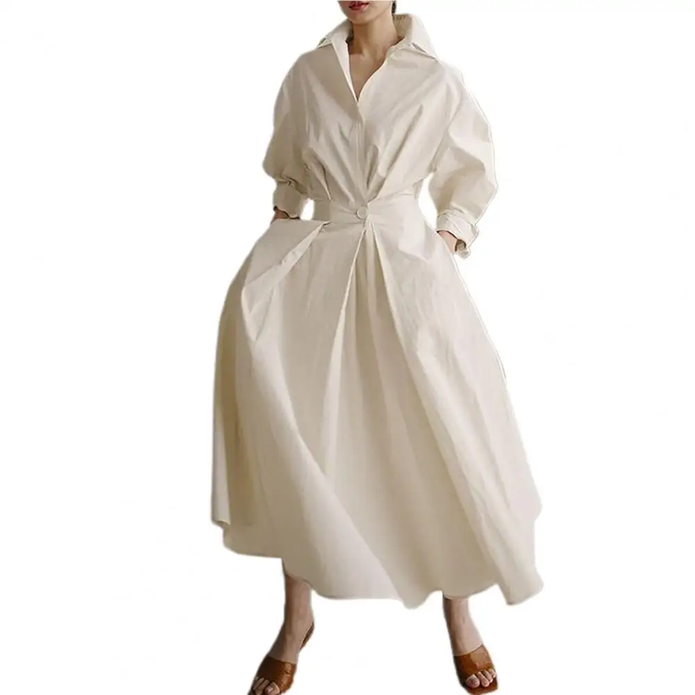 

White summer dress Long Sleeve Pockets Maxi Dress Solid Color Single Breasted Shirt Dress Elegant Women Spring Sundress Robe
