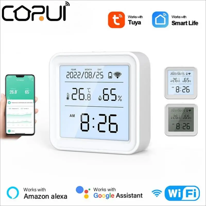 

CORUI WiFi Temperature And Humidity Sensor Battery Power With LCD Screen Display Works With Alexa Google Home Smart Life APP