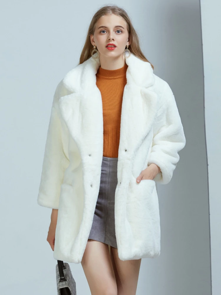 Elegant White Faux Rabbit Fur Coats Women 2022 Winter Casual Warm Furry Teddy Coat Streetwear Fashion Ladies Office Outwear