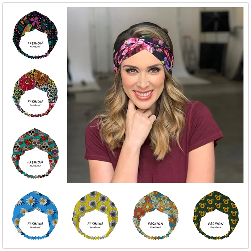 

Женская Бандана с цветочным принтом, повязка на голову, тюрбан, головной убор, аксессуары для волос для женщин и девушек