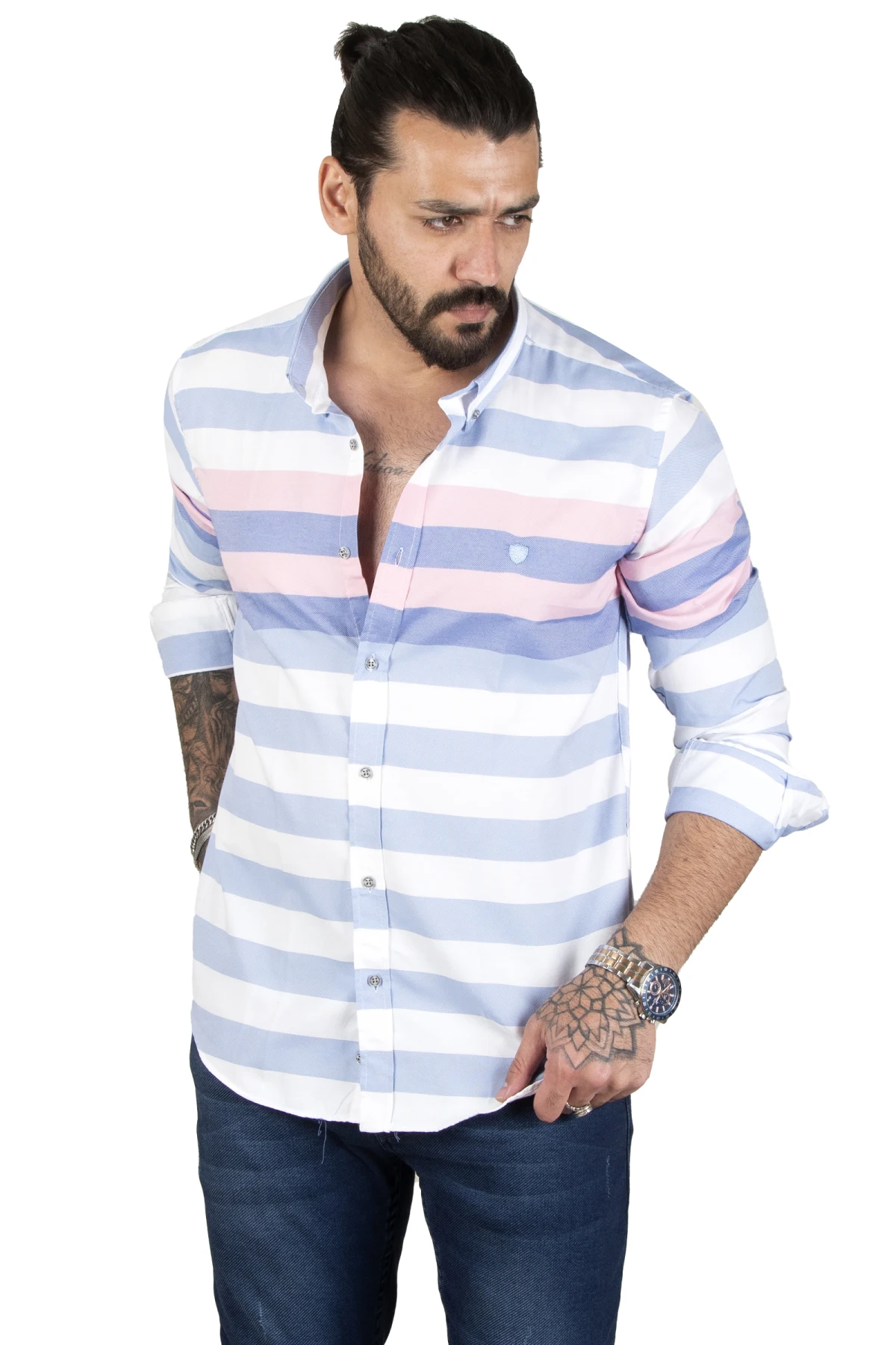 DeepSEA horizontal thick striped dotted patterned men's shirt 2207519