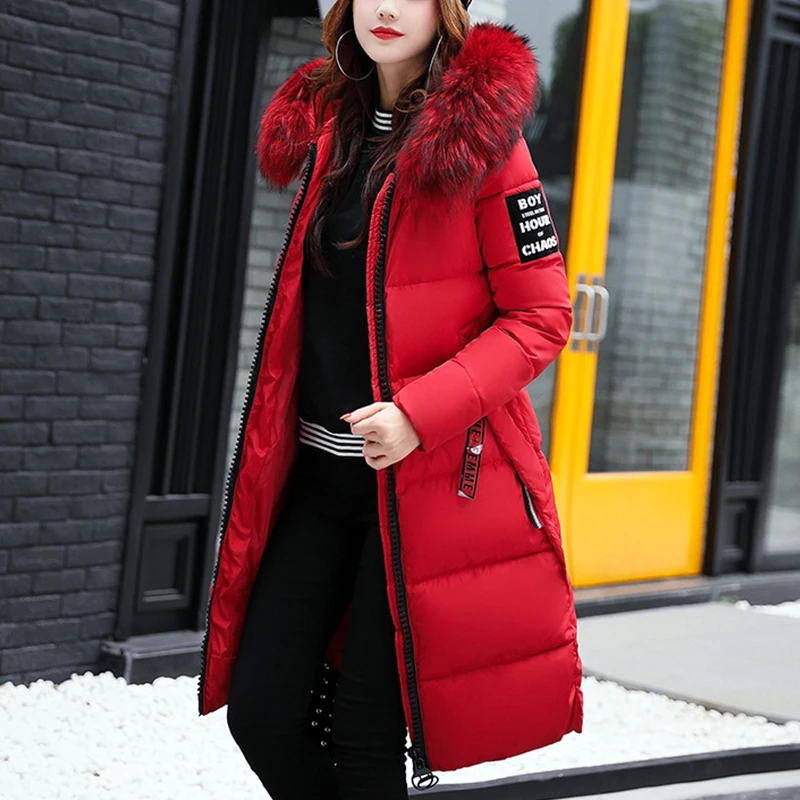 Winter New Women's Jacket Parka Down Cotton Parkas Jacket Fur Collar Hooded Overcoat Thick Slim Long Knee-length Cotton Clothes