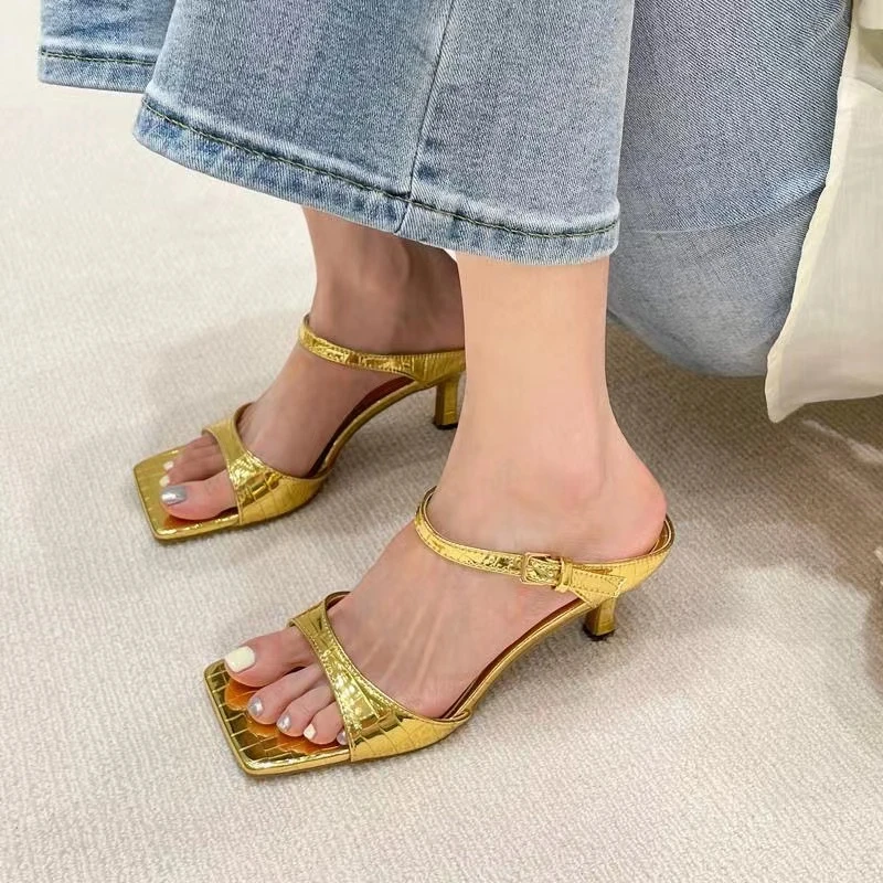 

Summer New Women's Slipper 2022 Fashion Square Toe Ladies Buckle Slippers Thin Heels Elegant Dress Sandal Shoes Fashion Slides