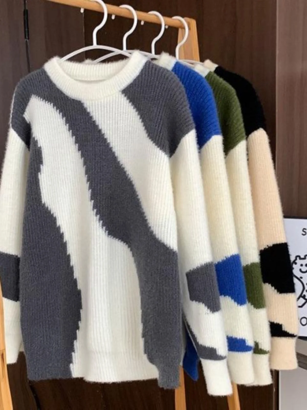 Зеленый лоскутный вязаный свитер контрастного цвета мужская зимняя теплая