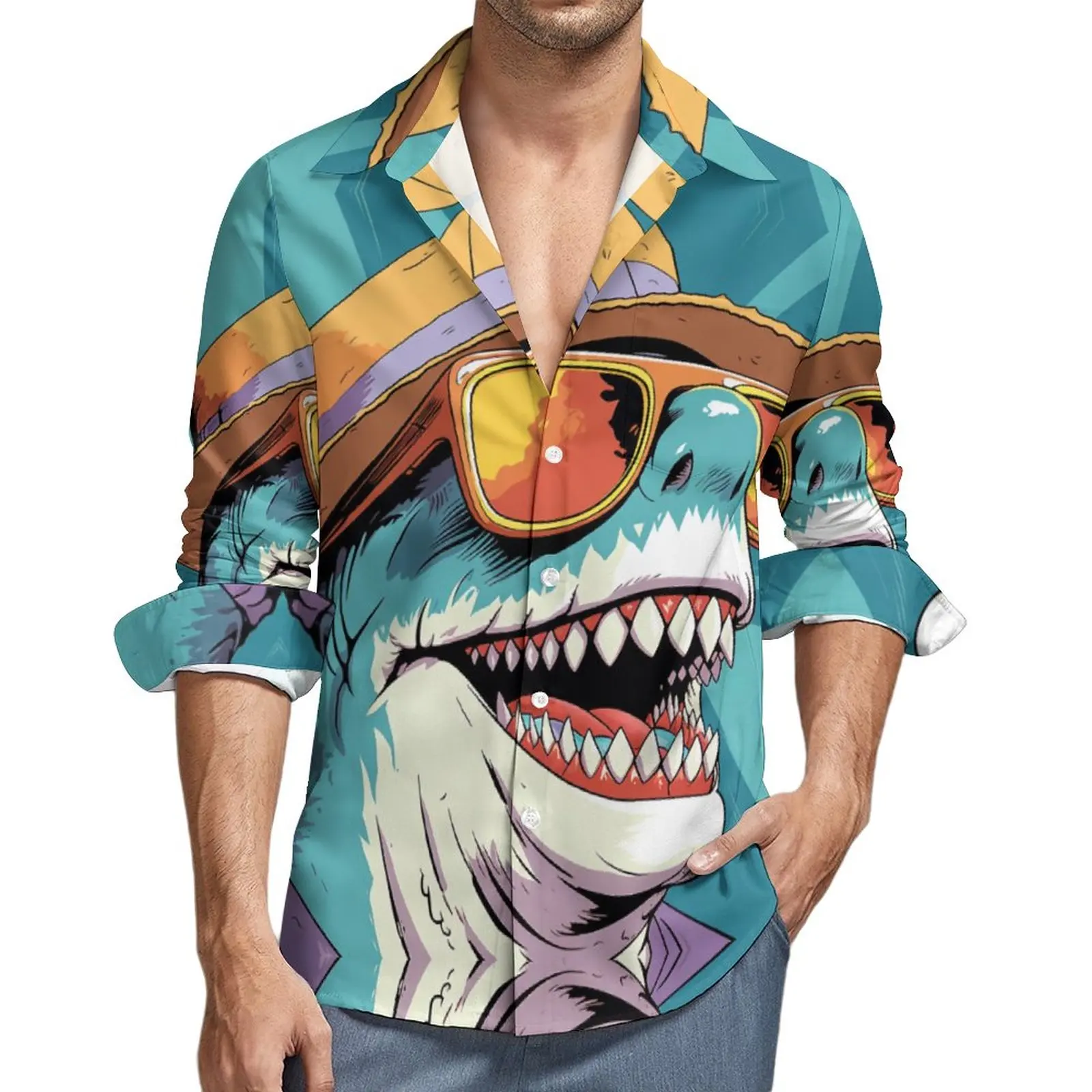 

Shark Shirt Male Laughing Casual Shirts Autumn Street Graphic Blouses Long Sleeve Retro Oversized Clothing Gift