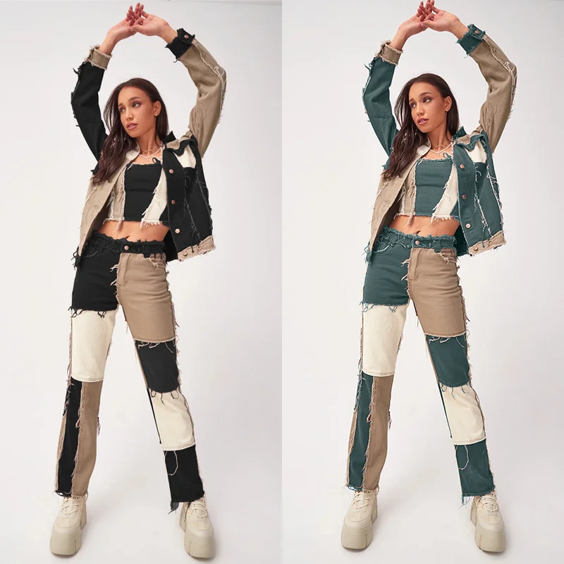 

Autumn Brown Women Cowboy Striped Patchwork Jeans Street Casual Hip Hop High Waist Loose Straight Jeans Women's Fashion Pants