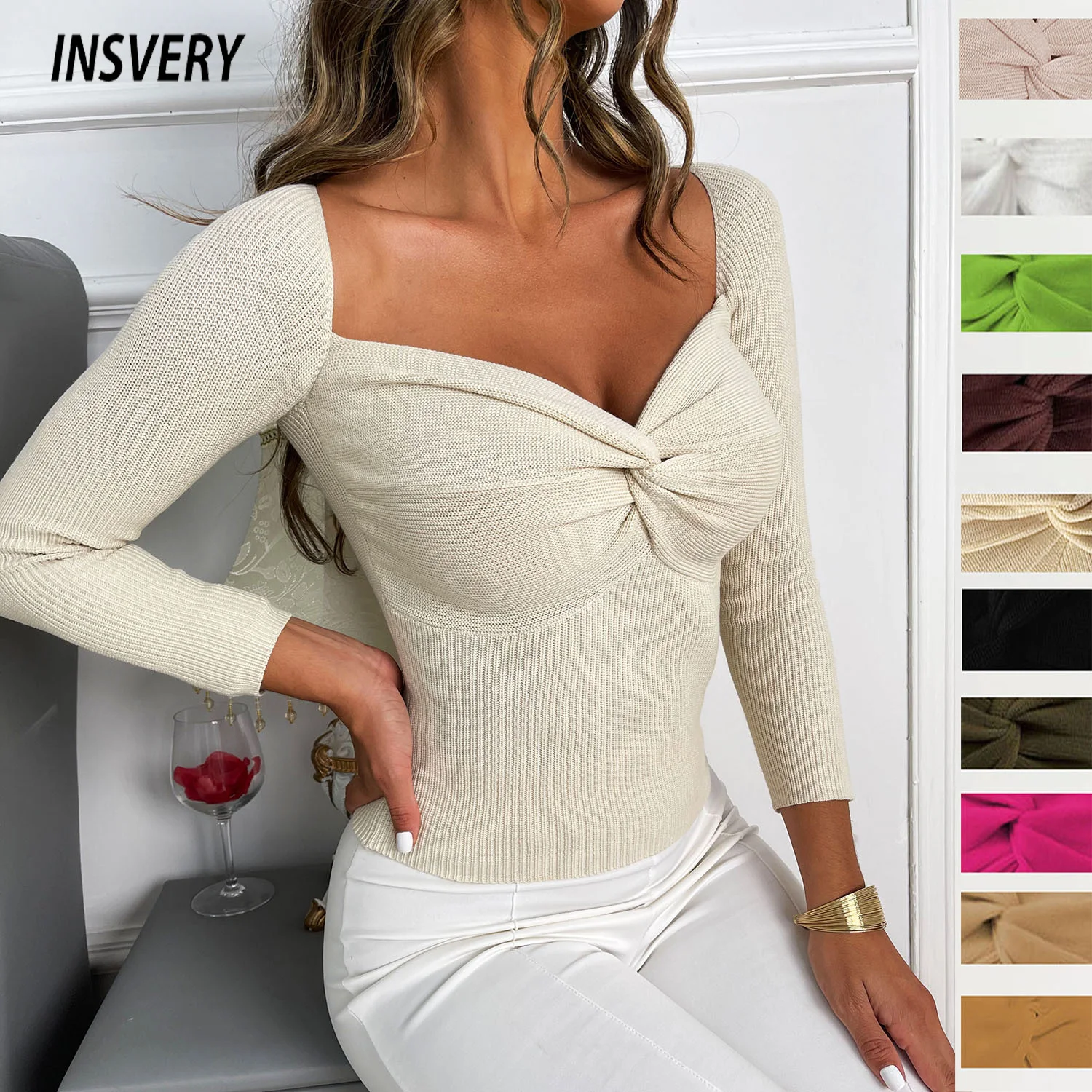 

Autumn Knitted Shirts For Women Sexy V Neck Long Sleeve Pullover Solid Slim Tops Female Shirts 2022