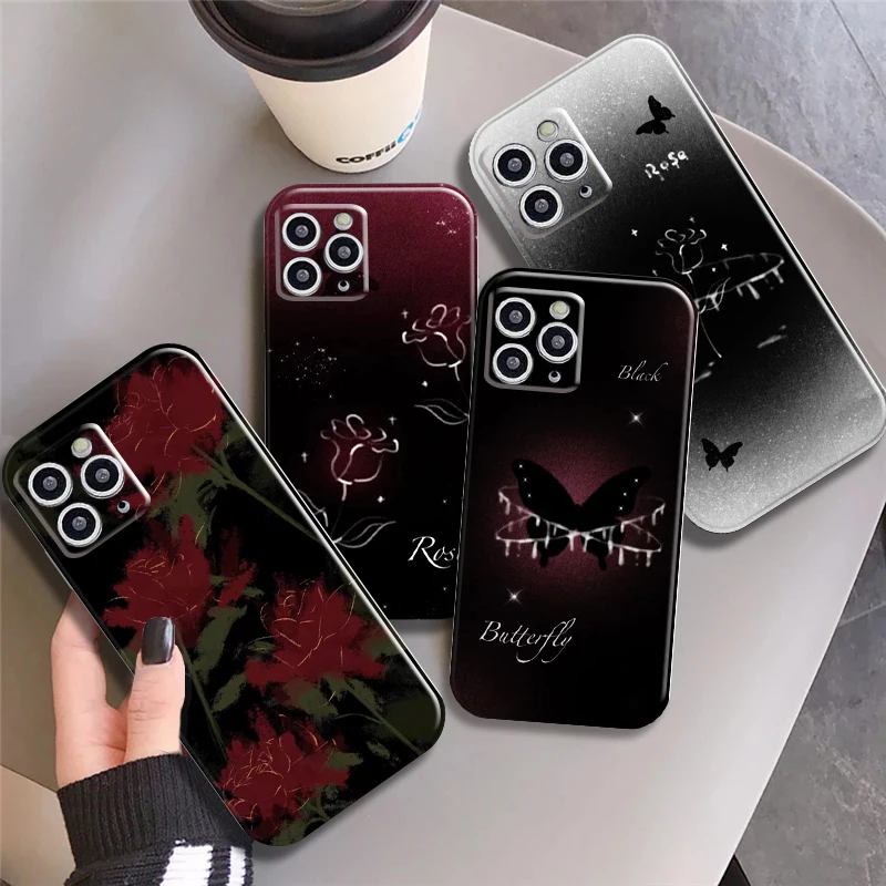

Rose butterfly Phone Cases for iPhone 13 11 Pro 13 12 Mini MAX X XR XS 8 7 Plus SE 2020 5s 6s Liquid Silicone Black Cover Coque