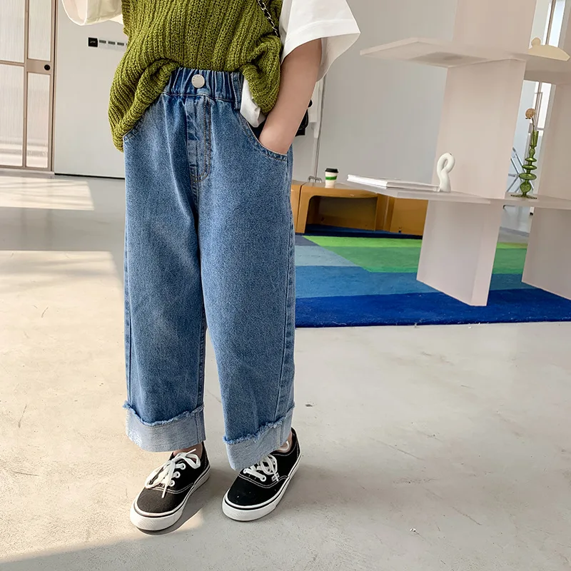 Spring summer Kids crimped wide leg jeans Boys and girls loose thin denim pants Children fashion casual trousers images - 6
